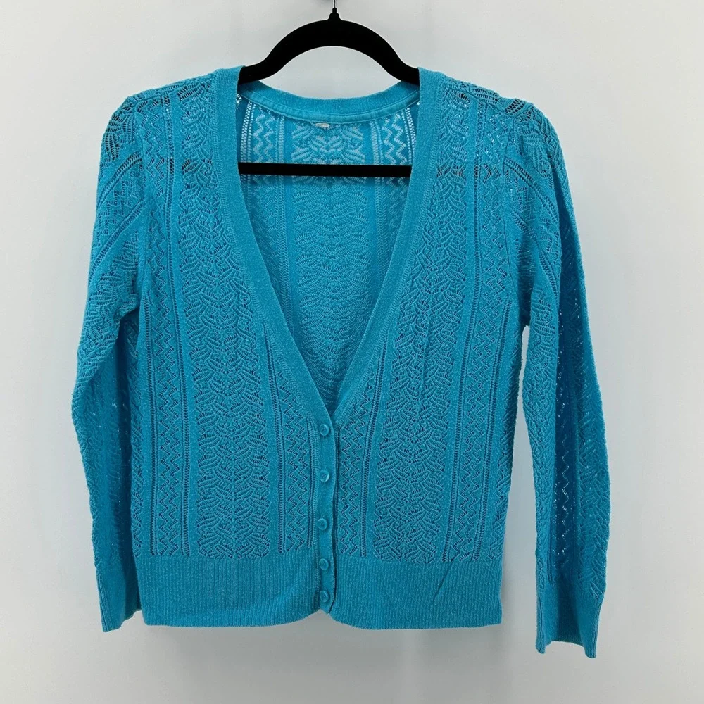 Bright Blue Open Knit Pointelle Button Front Cardigan Sweater 11/12 Transitional